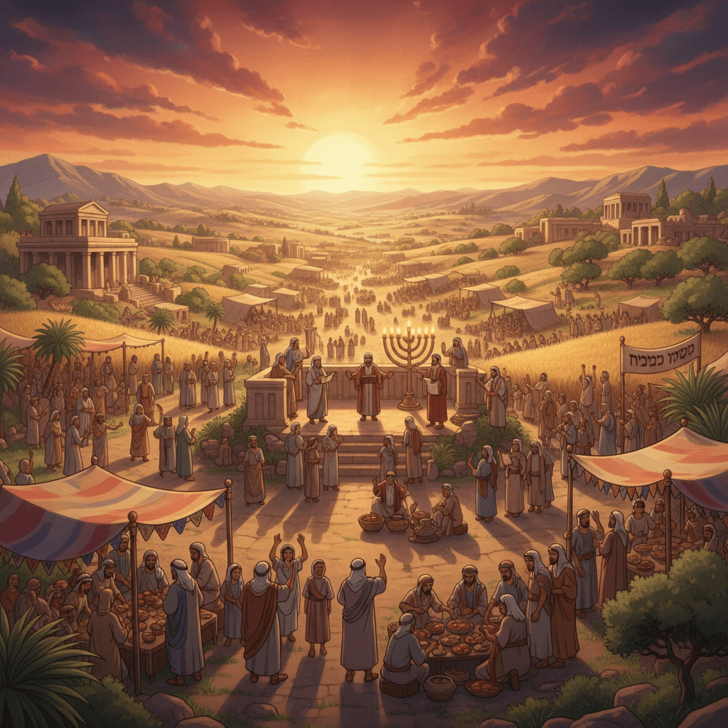 God instructs Israelites on holy days, depicted in a colorful illustration.
