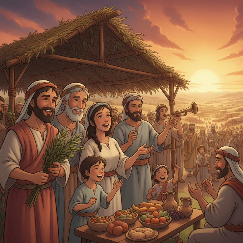 Israelites celebrate God's feasts: resting, eating unleavened bread, blowing trumpets, and living in booths.
