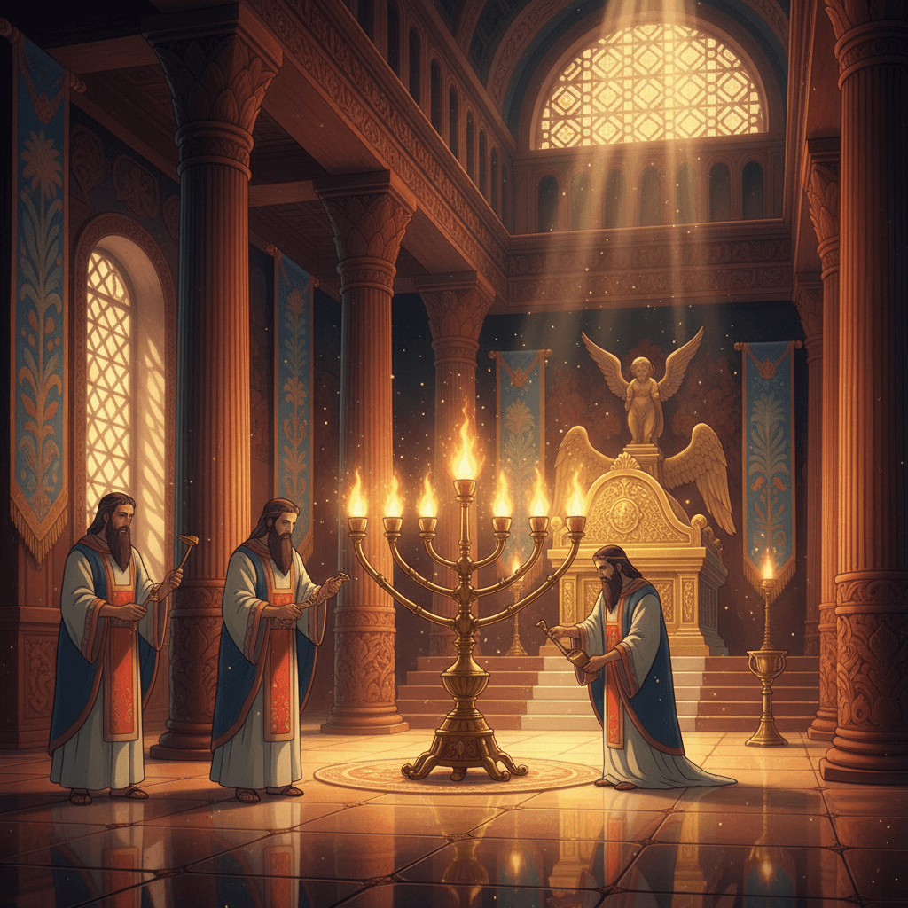Illustration of God instructing Israelites to maintain the Temple lamp.

