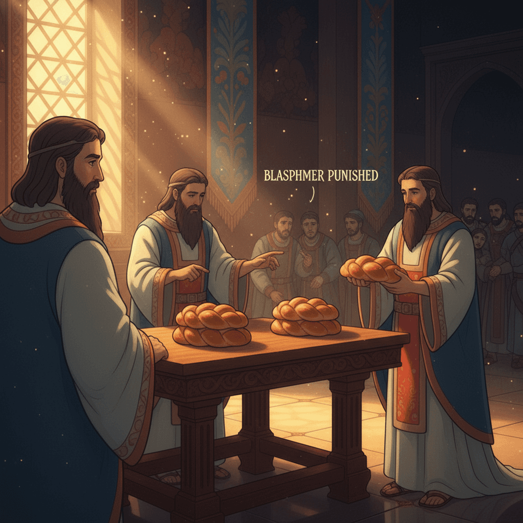 Illustration of Temple bread and a man punished for disrespecting God, emphasizing reverence.
