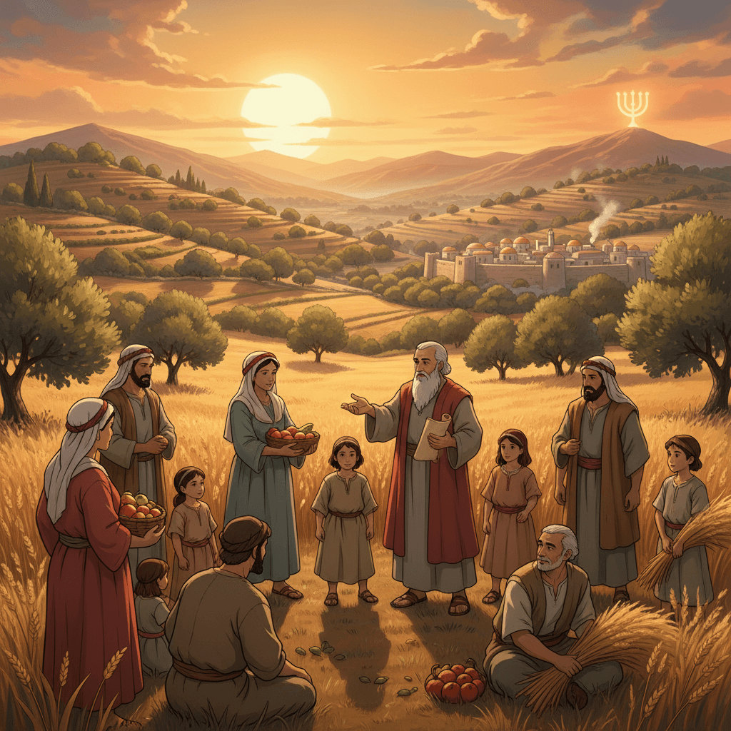 Illustration of Israelites learning about kindness and land care from God, based on Leviticus 25.
