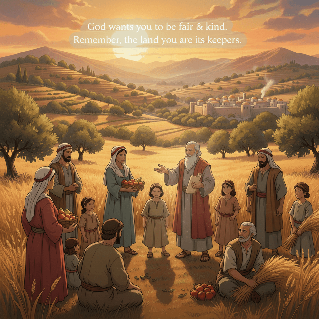 Illustration depicting God giving laws about fairness and land stewardship to the Israelites.
