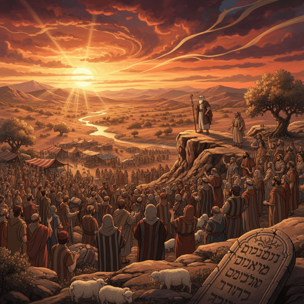 God speaks to the Israelites, scrolls in hand, about following His commandments.
