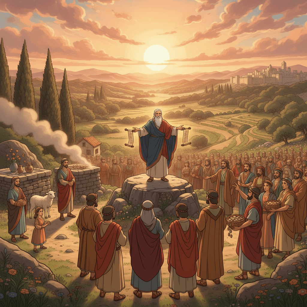 Biblical illustration of people offering animals, land, and houses as promised gifts to priests.
