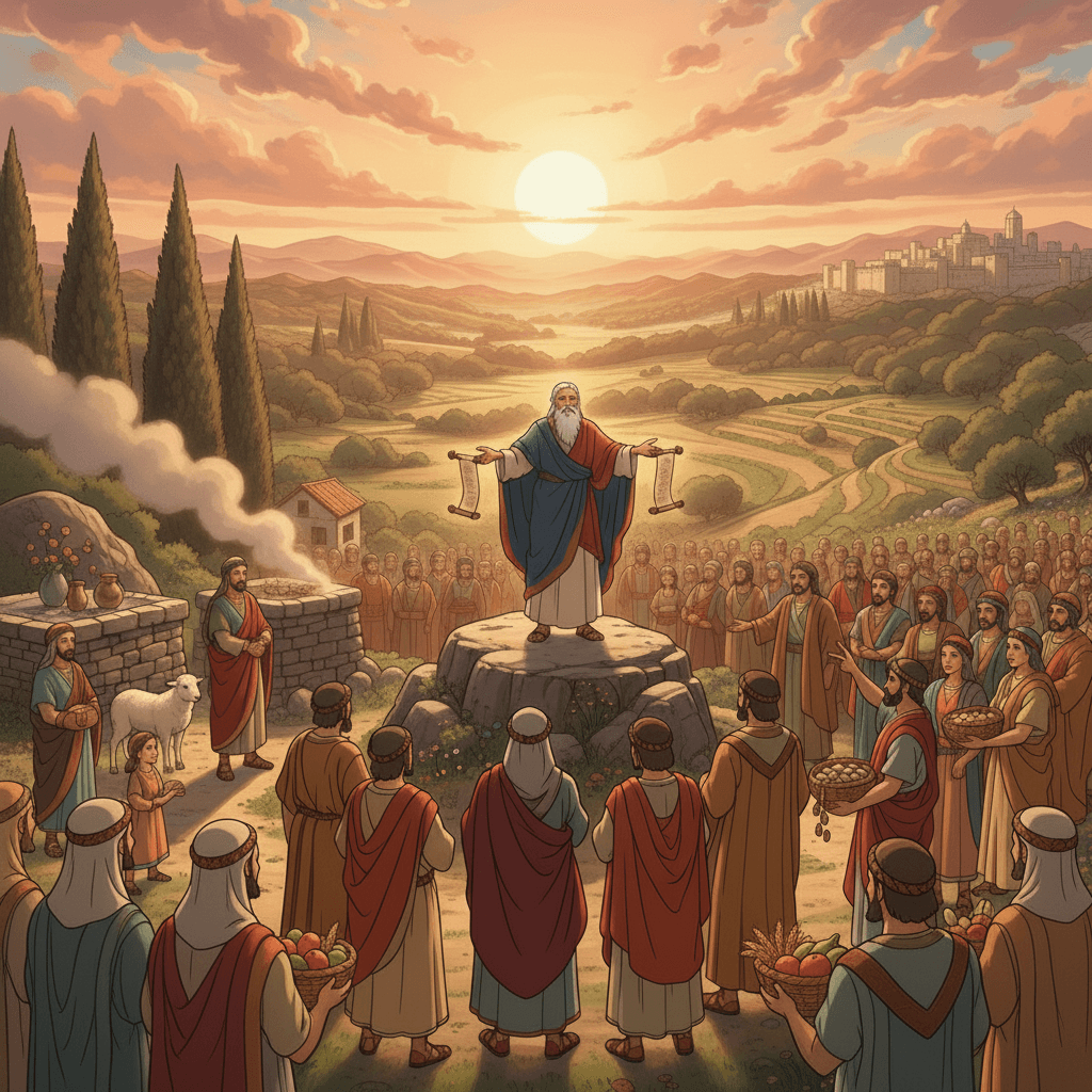 People cheerfully giving crops and livestock as tithes, a holy offering to God.
