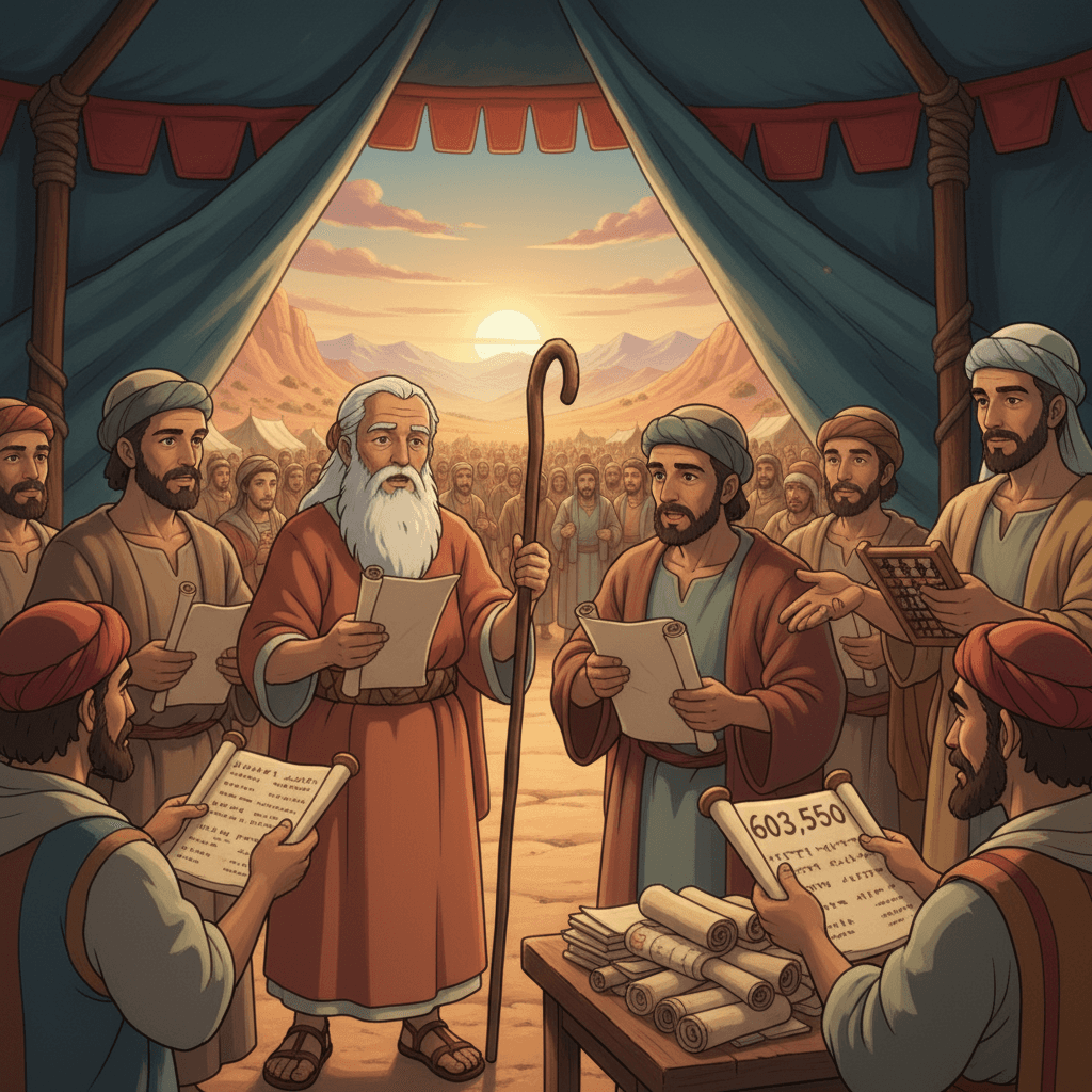 Israelite leaders counting men of fighting age, reporting numbers to Moses and Aaron.
