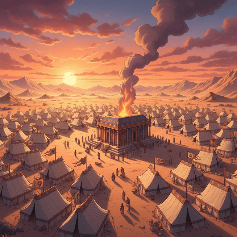 Illustration of the ancient Israelite camp in the wilderness, tents arranged around the Tabernacle.
