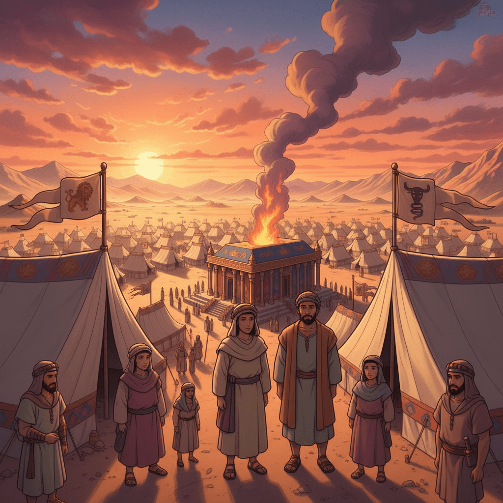 Twelve tribes of Israel camp around the Tabernacle, each under their distinct tribal flag.

