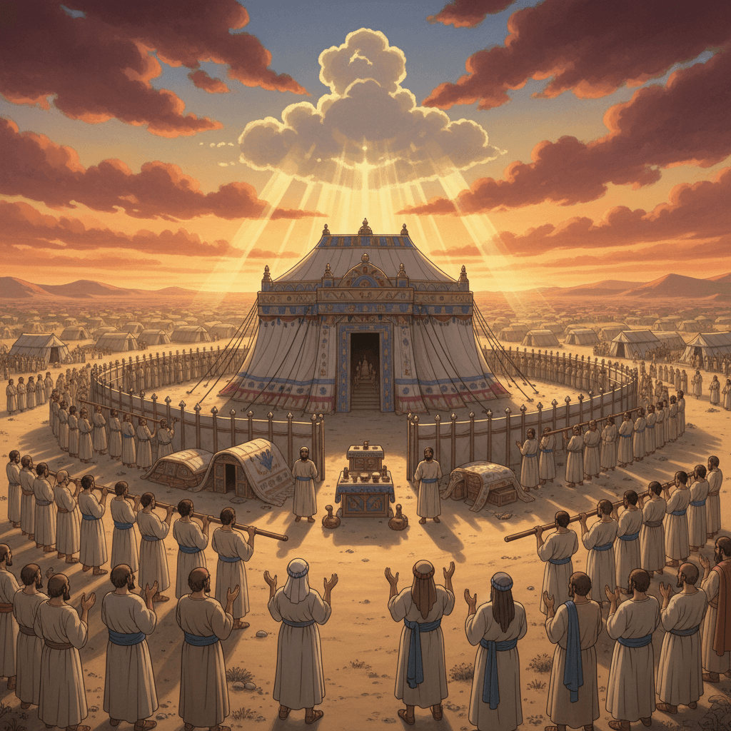 Illustration of Levites assisting priests at the tabernacle, a large tent-like structure, symbolizing God's presence.
