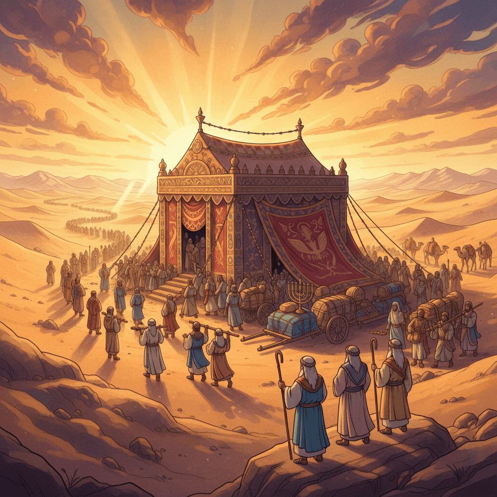 Levites carefully pack the Tabernacle, a large tent, as they prepare to move it through the wilderness.
