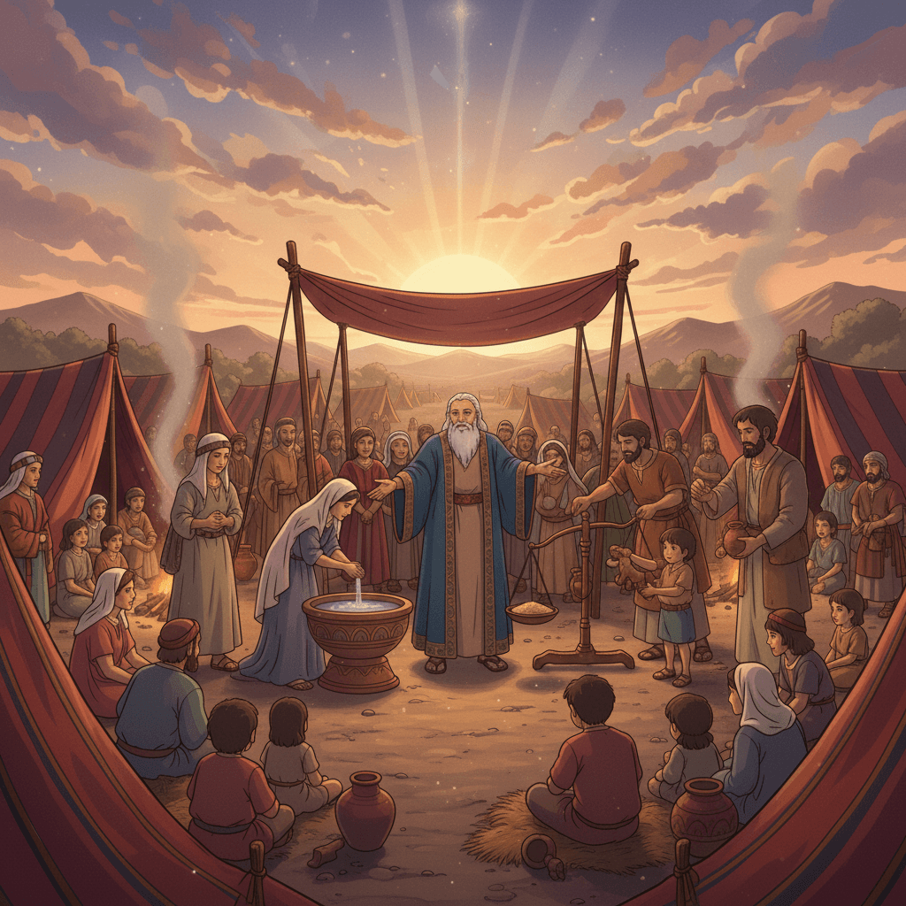 Biblical scene illustrating purity laws and restitution for offenses, emphasizing hygiene and making amends.
