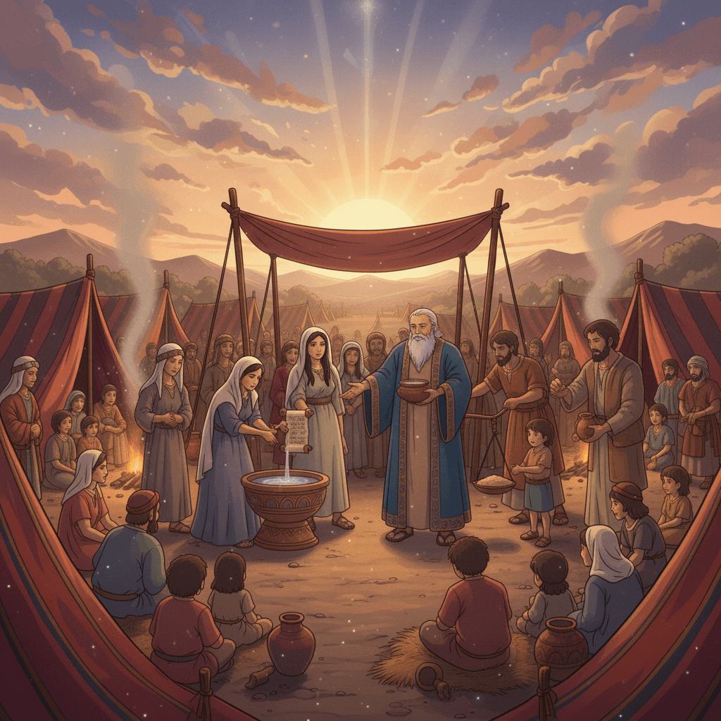 An illustration depicting a ritual from the Bible, used to determine a wife's faithfulness.
