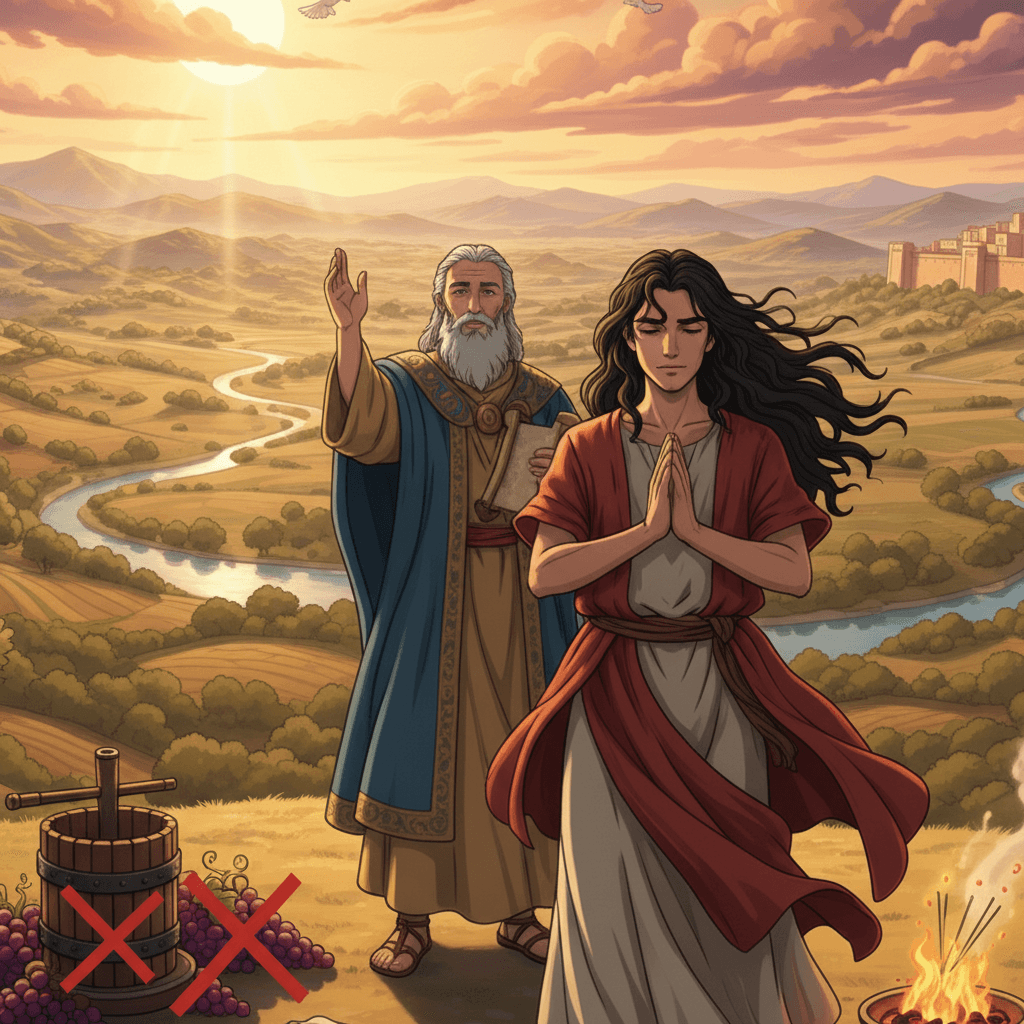 Illustration of Nazirites with long hair, avoiding grapes and a burial.
