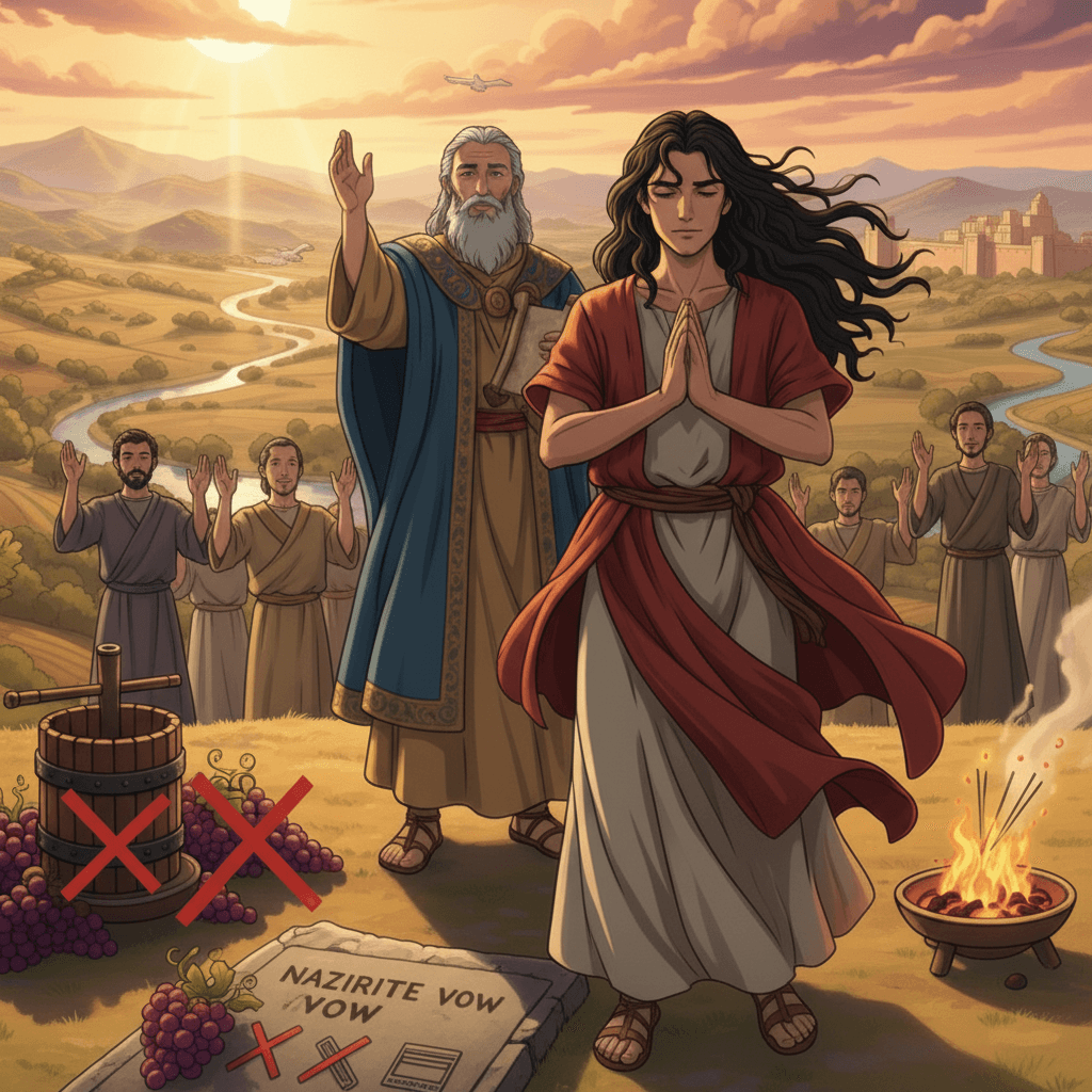 Illustration of Nazirites following God's rules, reflecting dedication and a priest giving a blessing.
