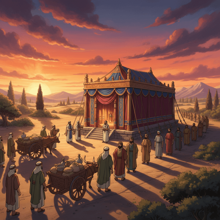 Leaders offering gifts to the Tabernacle, dedicating it to God's presence.
