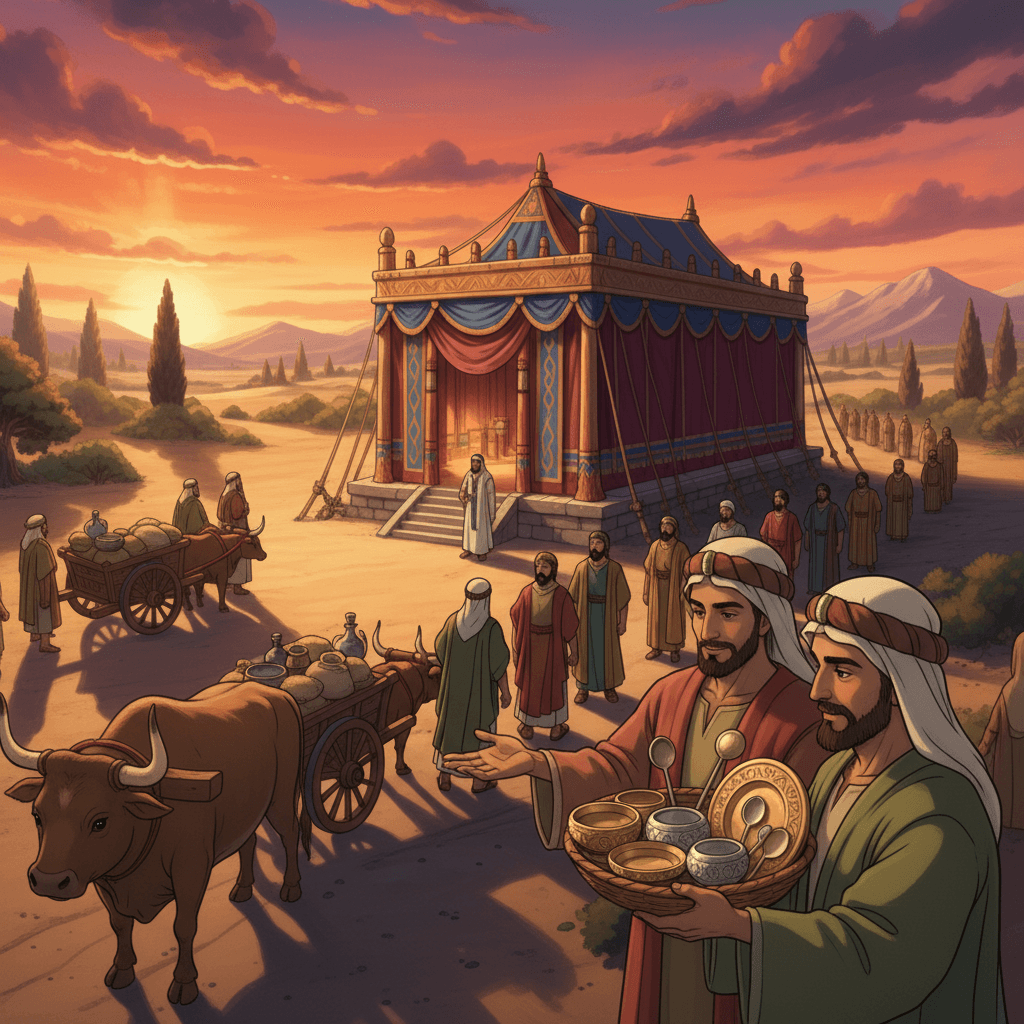 Leaders present wagons, oxen, gold, and silver as gifts for the tabernacle.
