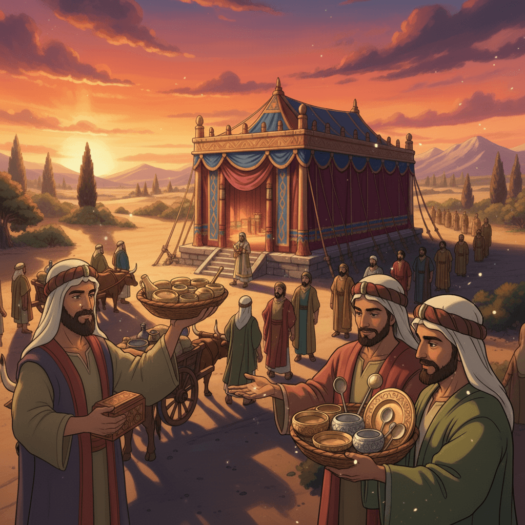 Leaders of Israel offer gifts to the Tabernacle, symbolizing unique contributions.
