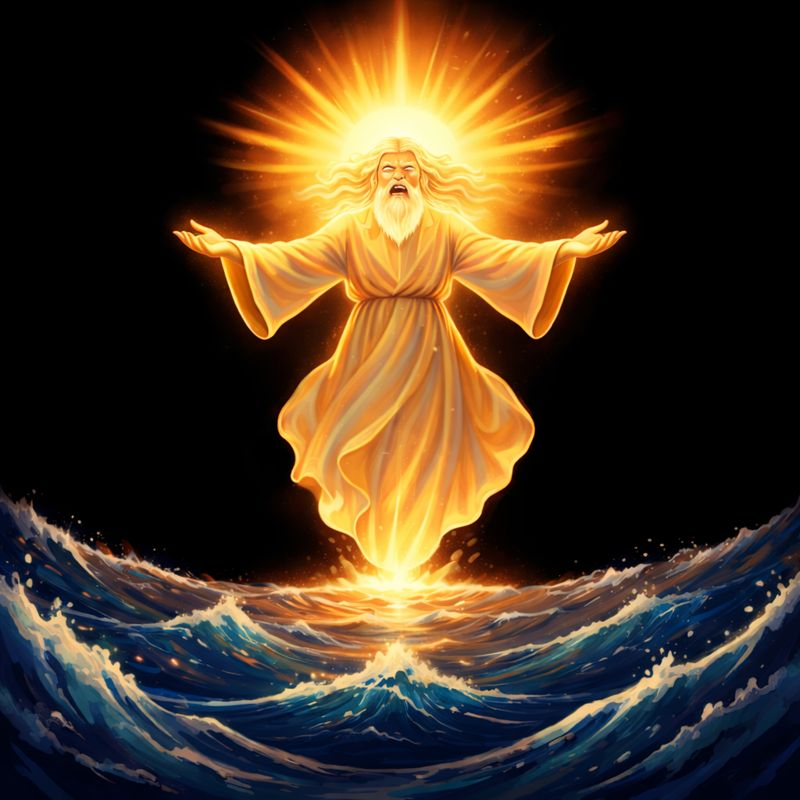 Darkness over water, a glowing light emanates as God's Spirit moves, representing the beginning of creation.
