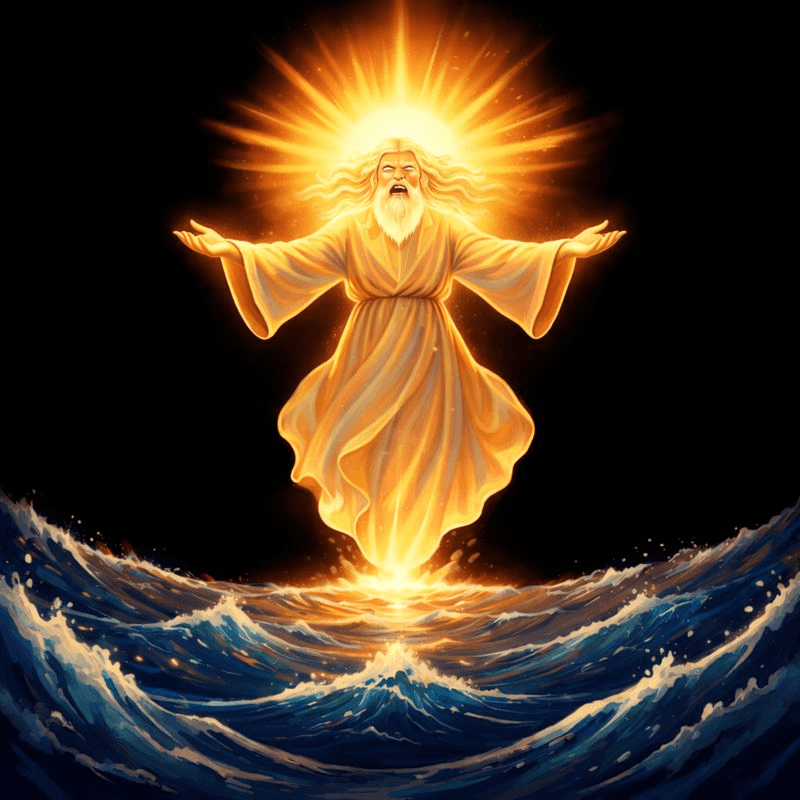 Darkness over water, a glowing light emanates as God's Spirit moves, representing the beginning of creation.
