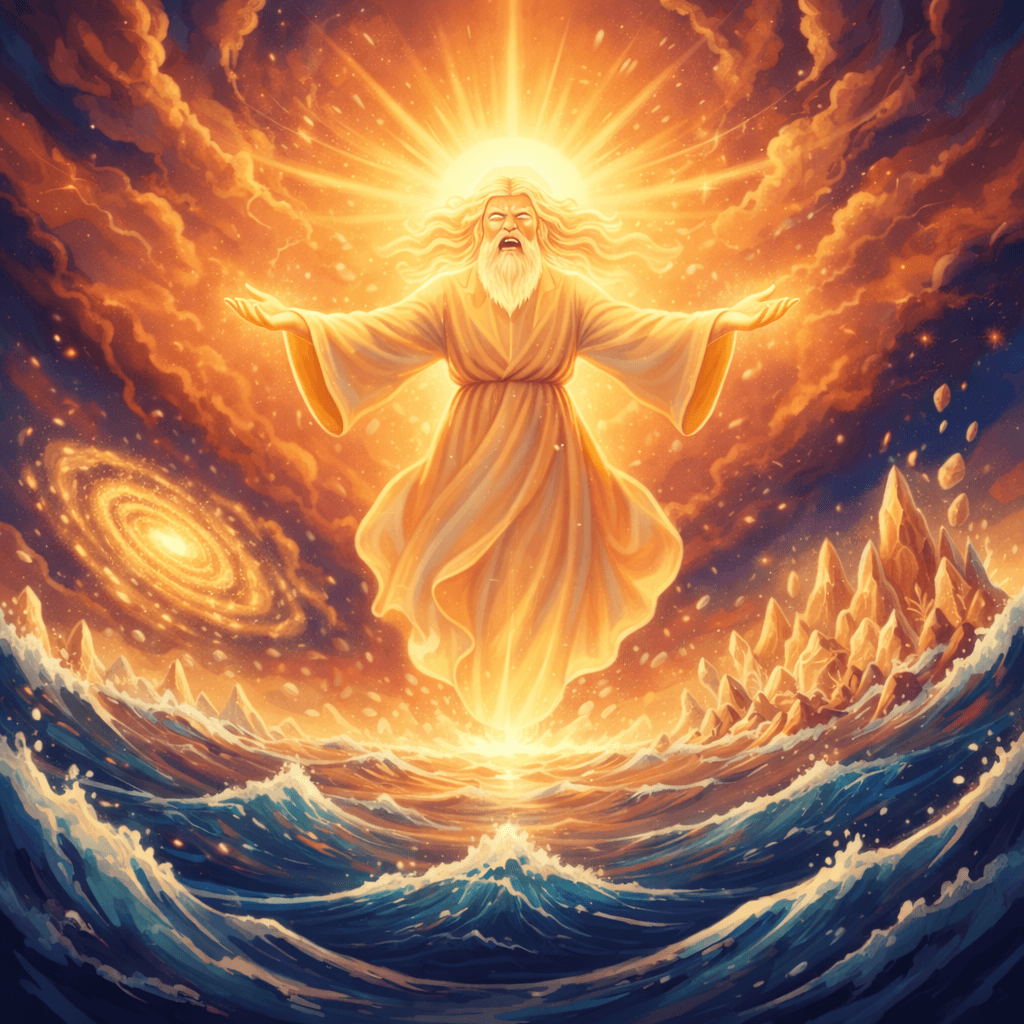 God creates light and separates it from darkness, then forms the sky dividing waters above and below.
