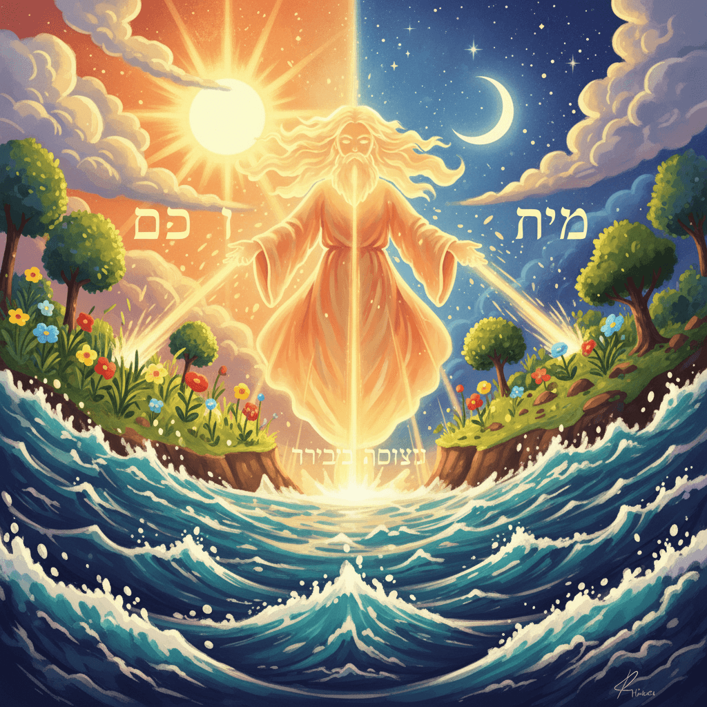 God creates earth, seas, plants, sun, moon, and stars, filling the world with light and life.
