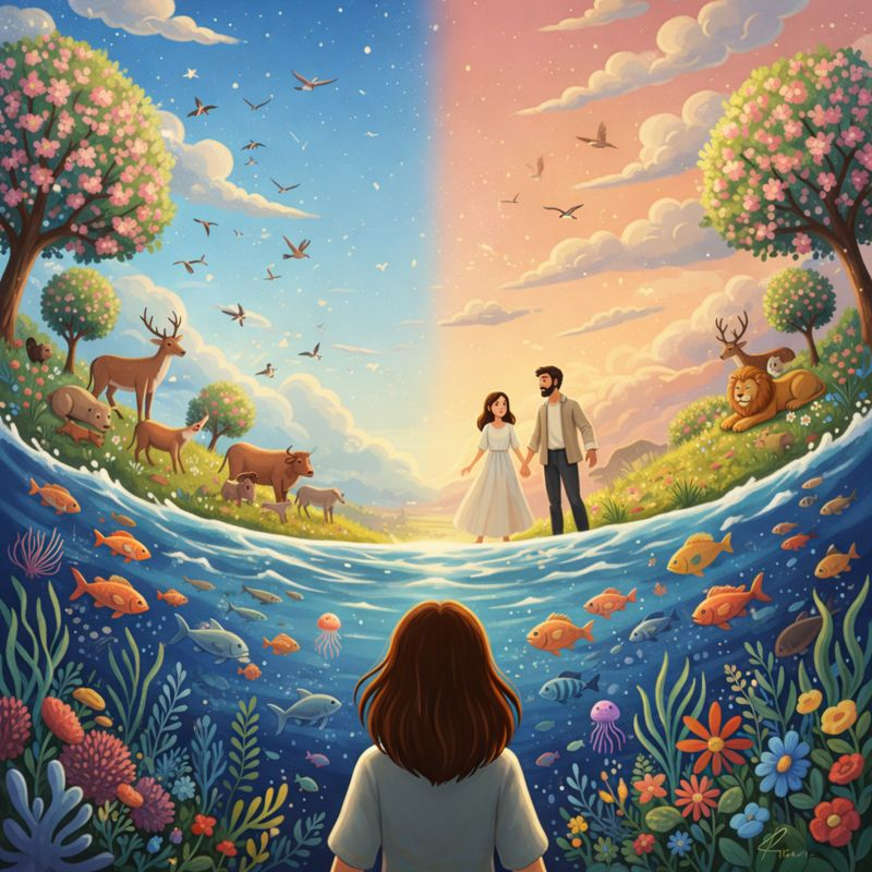 God creates sea creatures, birds, and land animals; Adam and Eve stand in a garden.
