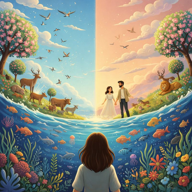 God smiles down on Earth: lush landscapes, diverse animals, and people bask in divine light, reflecting His image.
