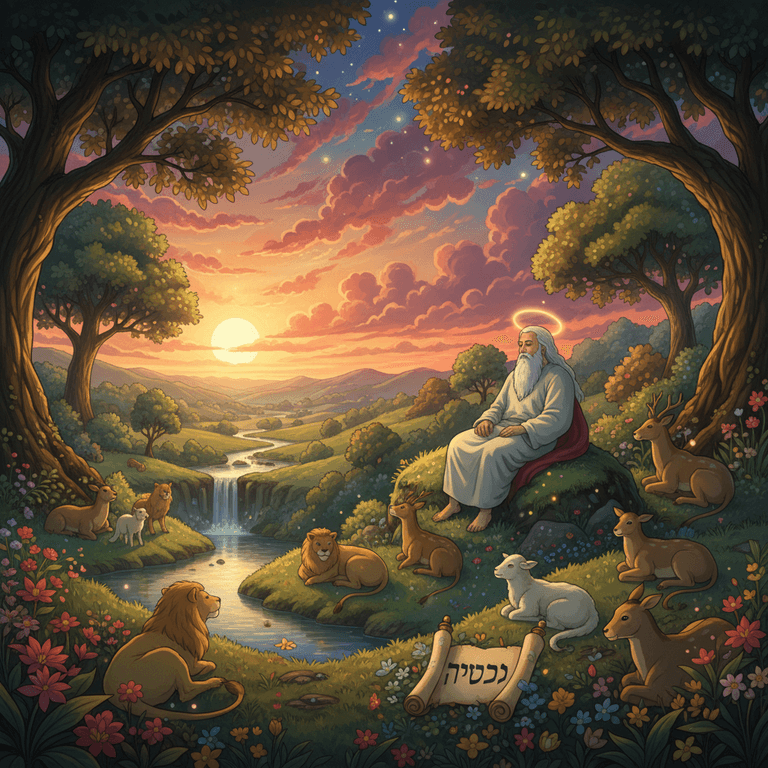 God rests on the seventh day, blessing it.
