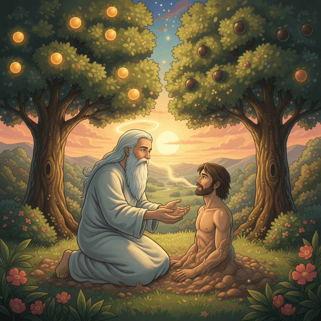 God breathes life into Adam, formed from dust, in the lush Garden of Eden with the Tree of Life.
