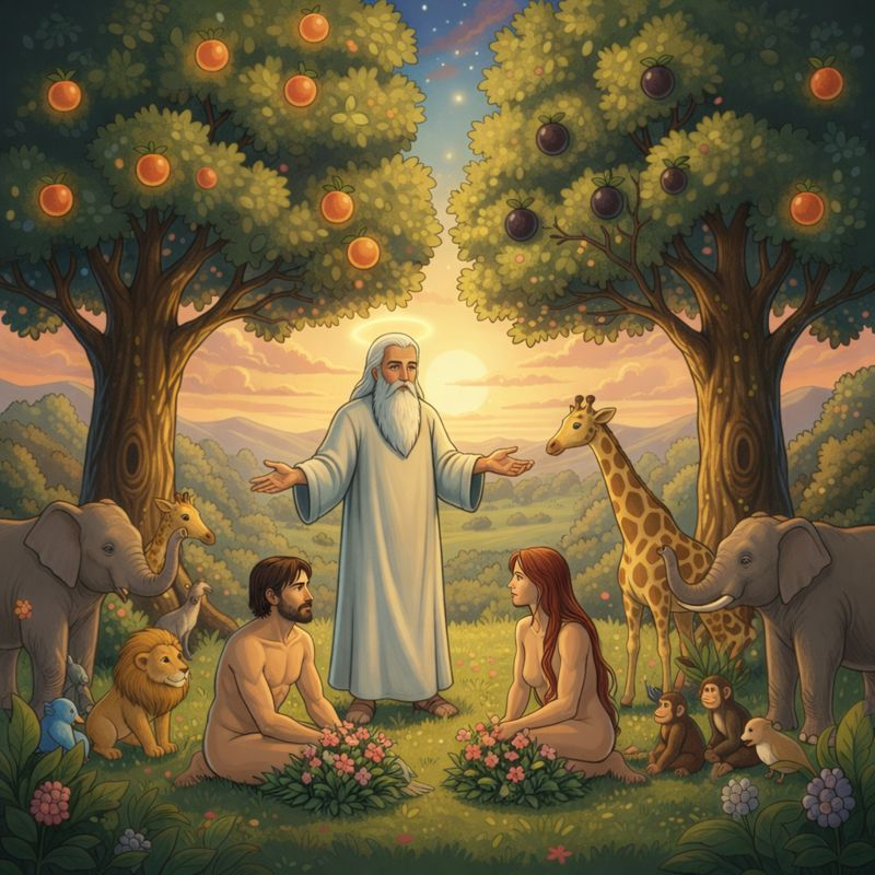 God lovingly creates Adam and Eve in a peaceful garden, showing the beginnings of family and purpose.
