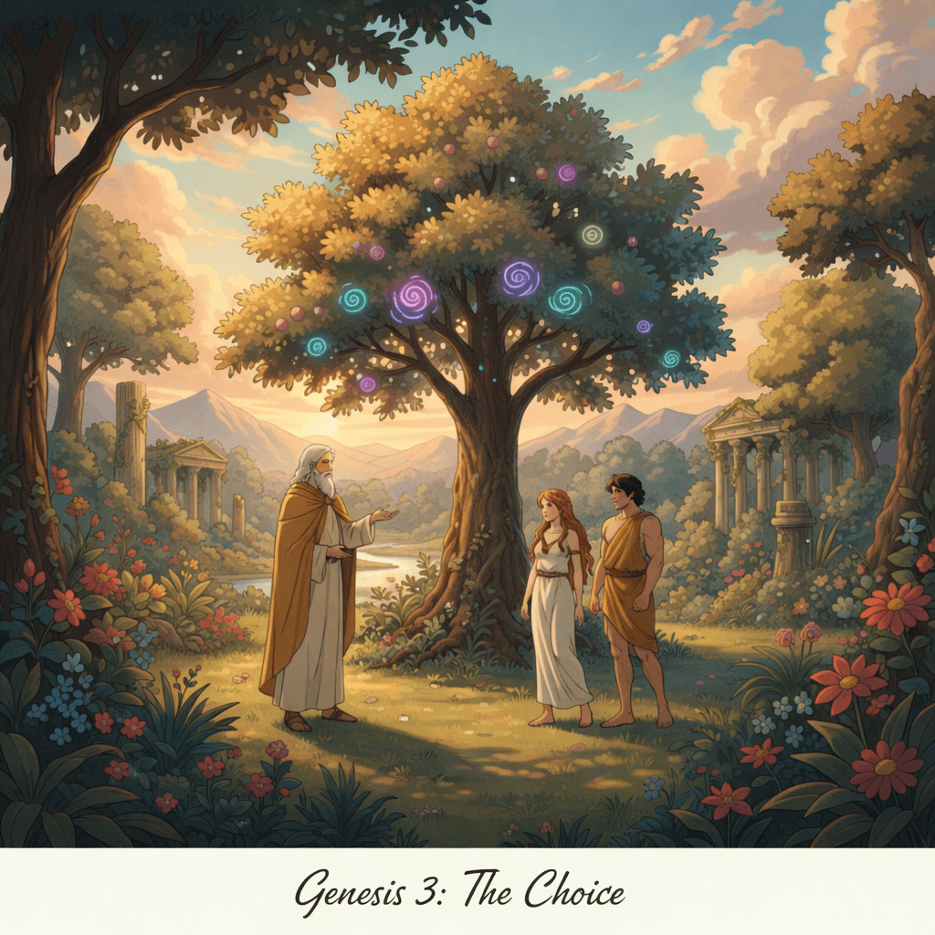 Adam and Eve stand near a fruit-laden tree in Eden, tempted by the forbidden fruit.
