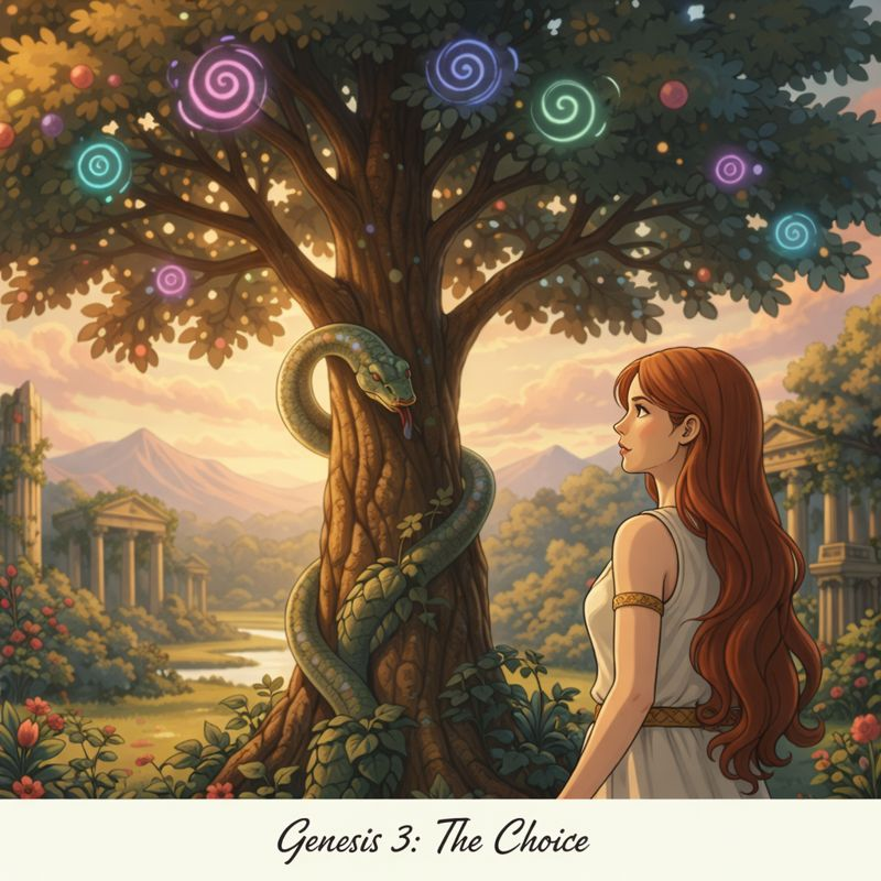 Eve takes fruit from a serpent in the Garden of Eden, tempted to disobey God.
