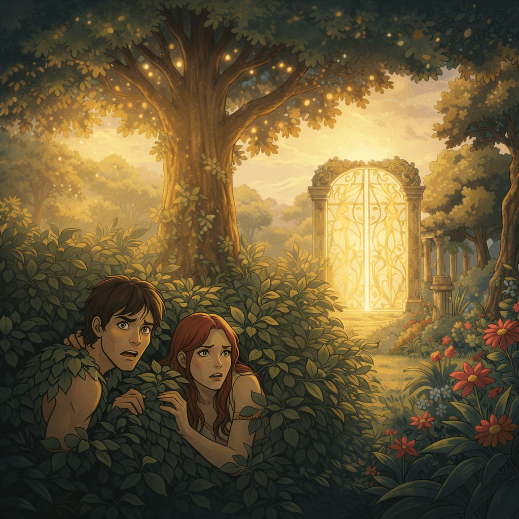 Adam and Eve are banished from Eden, an angel guarding the gate.
