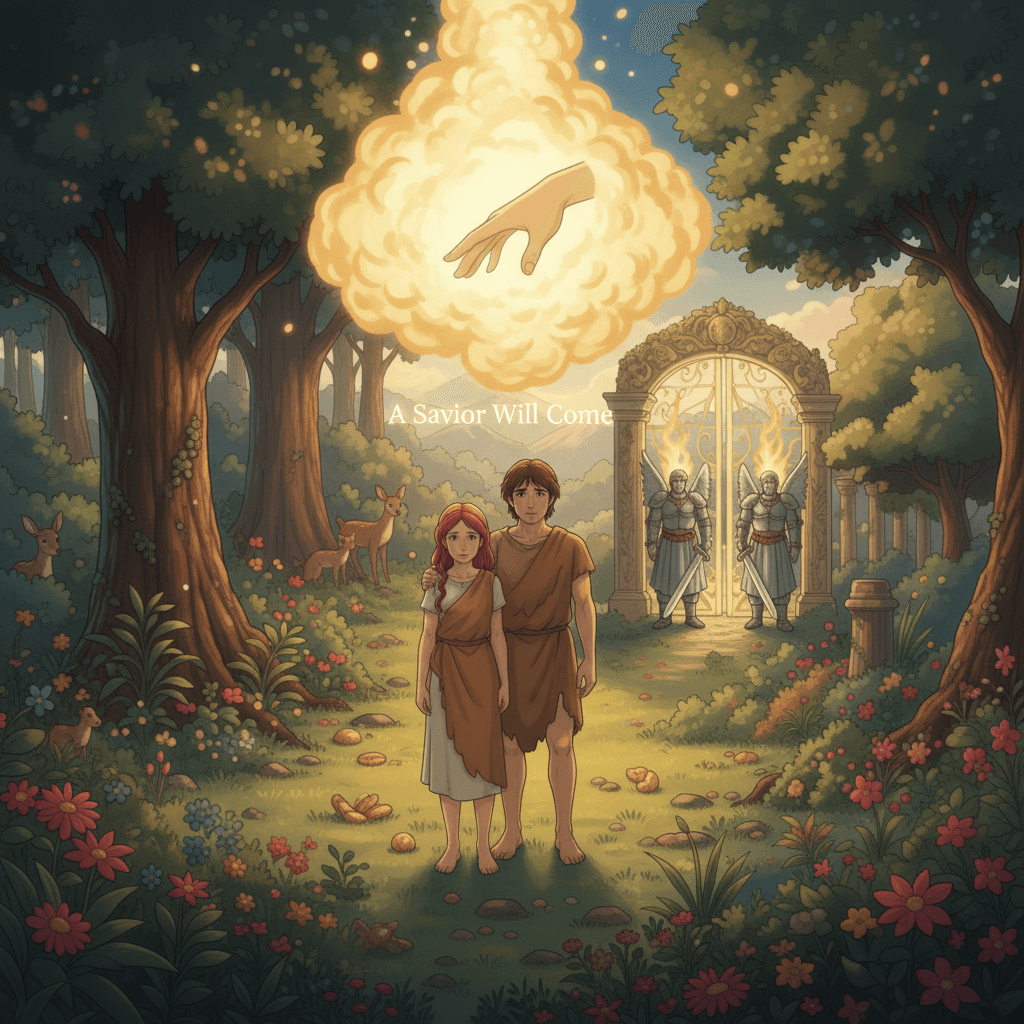 Adam and Eve, clothed by God, look remorseful as a bright light shines upon them, symbolizing hope and forgiveness.
