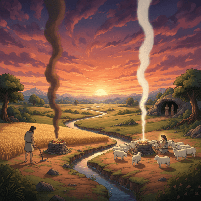 Cain, a farmer, and Abel, a shepherd, stand in a field, representing their contrasting occupations.

