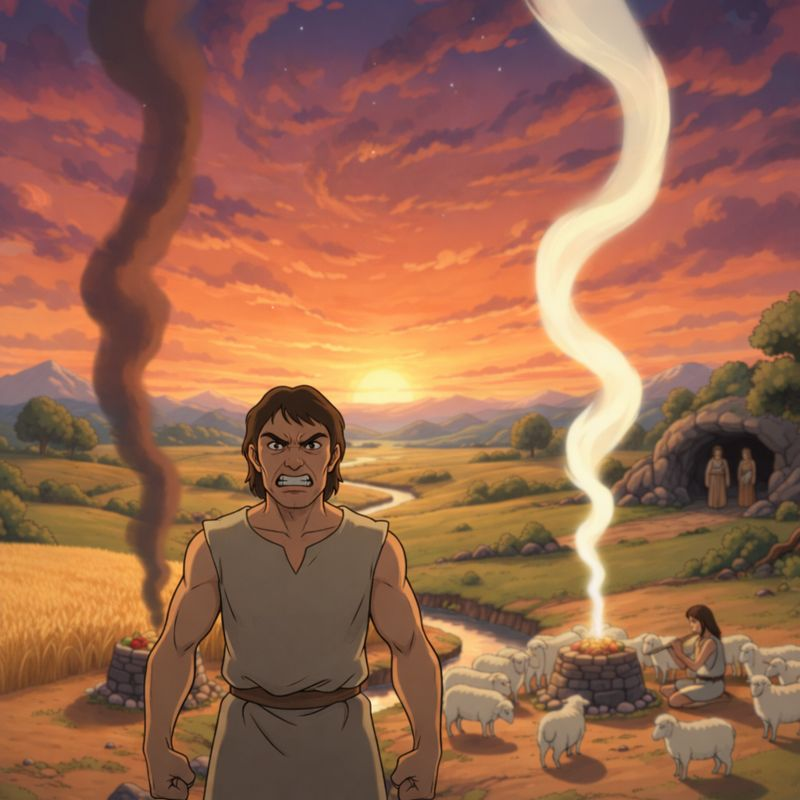 Cain & Abel presenting offerings; God favors Abel's, angering Cain, who looks sullen.
