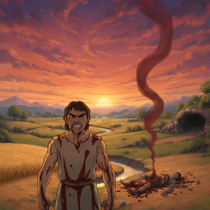 Cain attacks Abel in a field; representing the Bible's first murder and God's awareness of wrongdoing.
