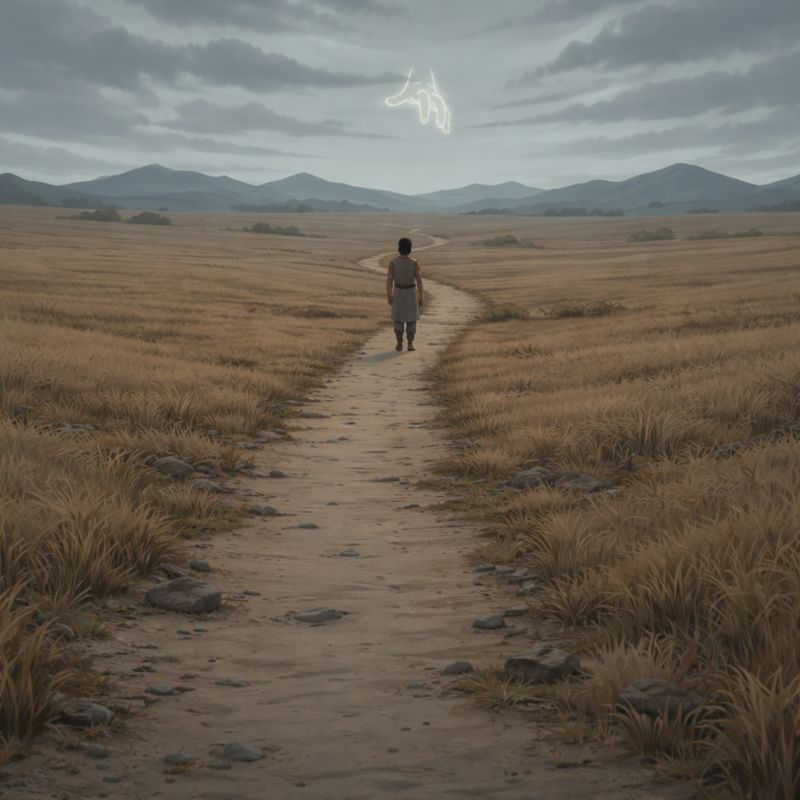 Cain, marked on his forehead, wanders a barren land after killing Abel, while Adam and Eve mourn.
