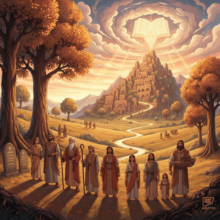 Genealogy illustration showing a family tree with figures representing generations from Adam to Noah.
