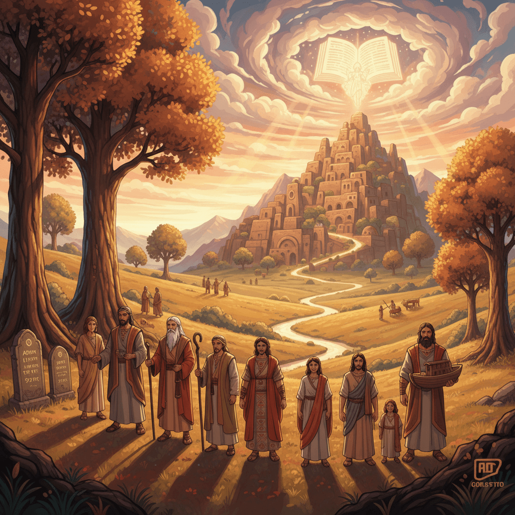 Line art depicting a family tree with names and ages, symbolizing the genealogy and mortality in Genesis 5.
