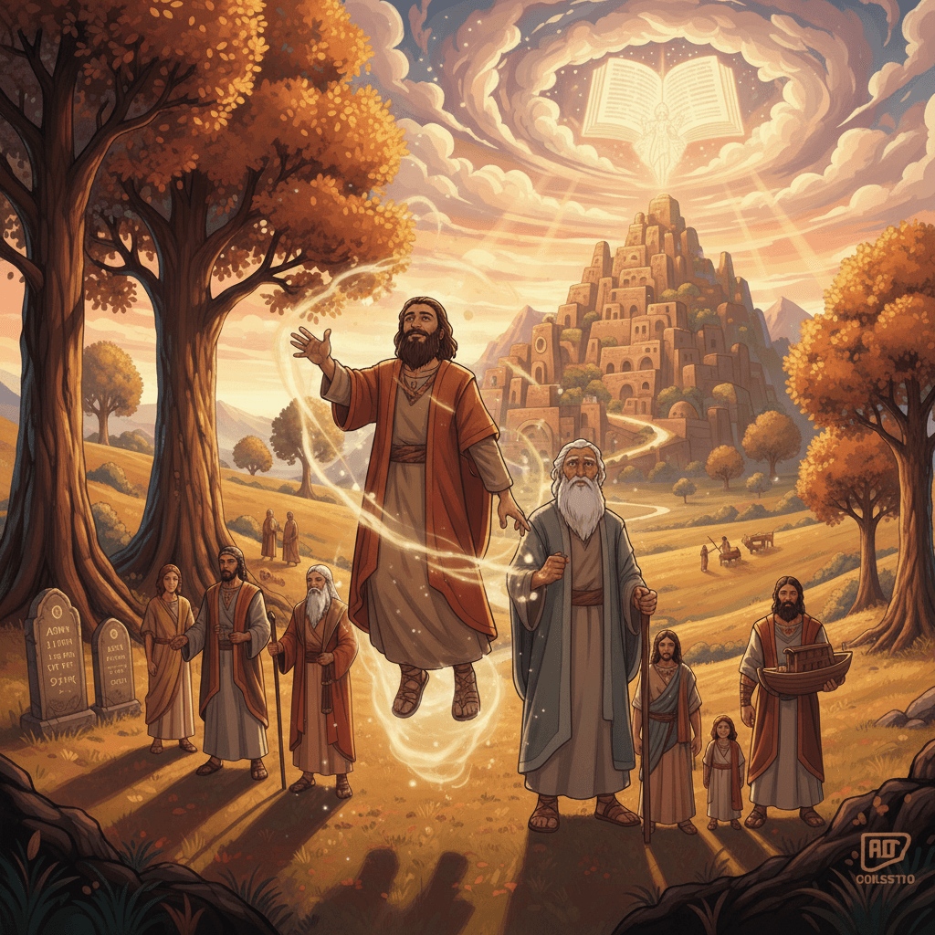 Enoch walks with God and ascends; Methuselah, an old man, represents long life and God's patience.
