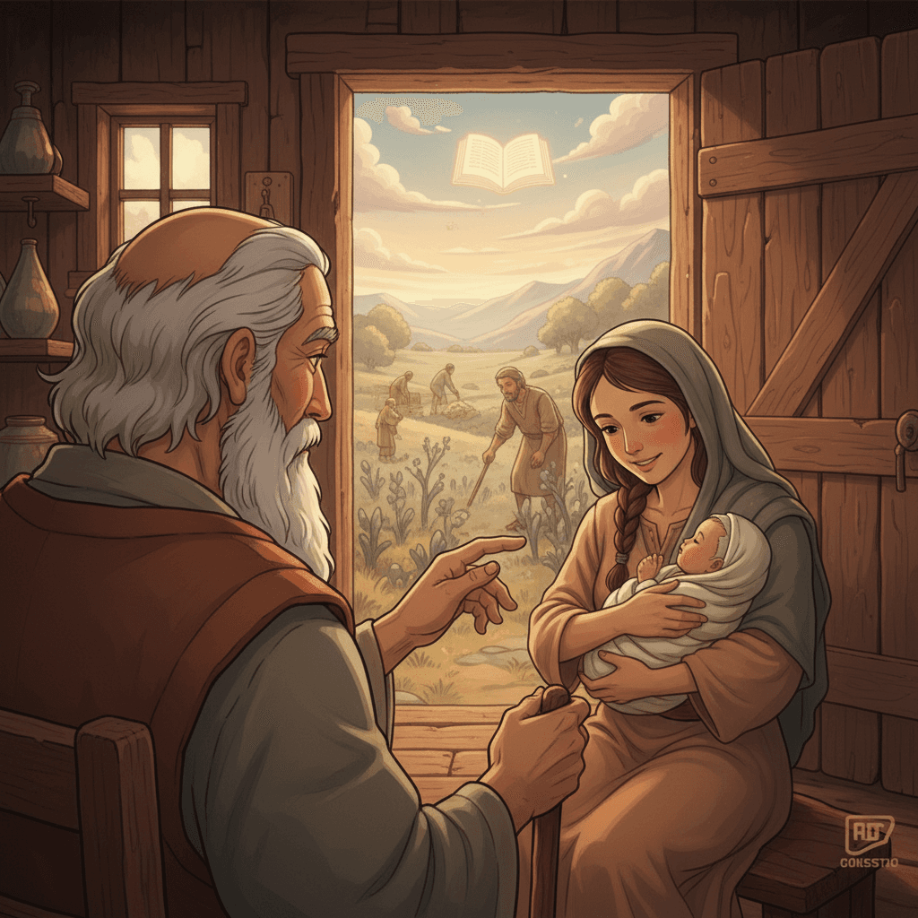 Lamech holds baby Noah, a hopeful sign in a world darkened by sin, representing God's faithfulness.

