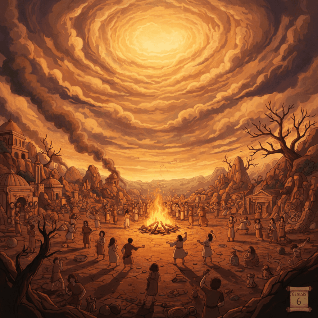 God looks sorrowful as he observes people engaging in wicked acts on a crowded Earth.
