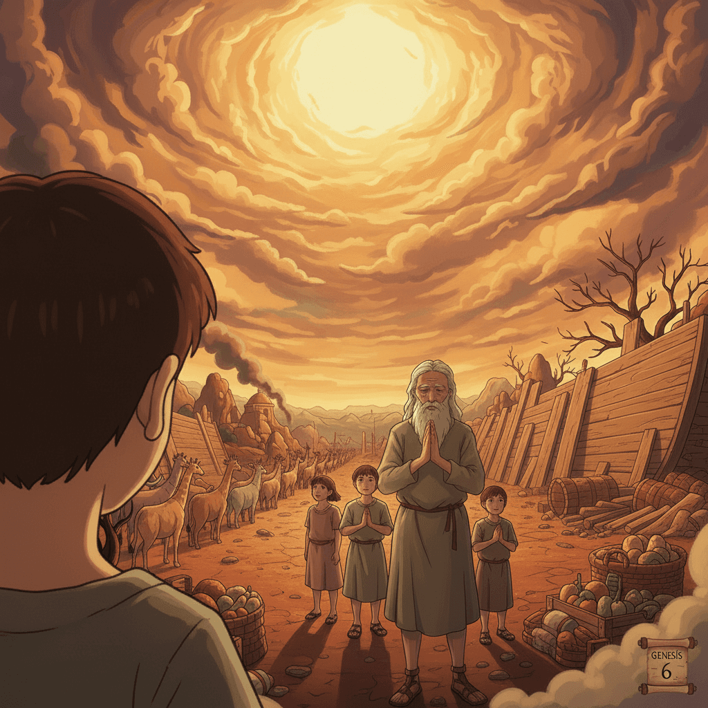 Noah building the ark with his family, animals nearby, preparing for the flood.

