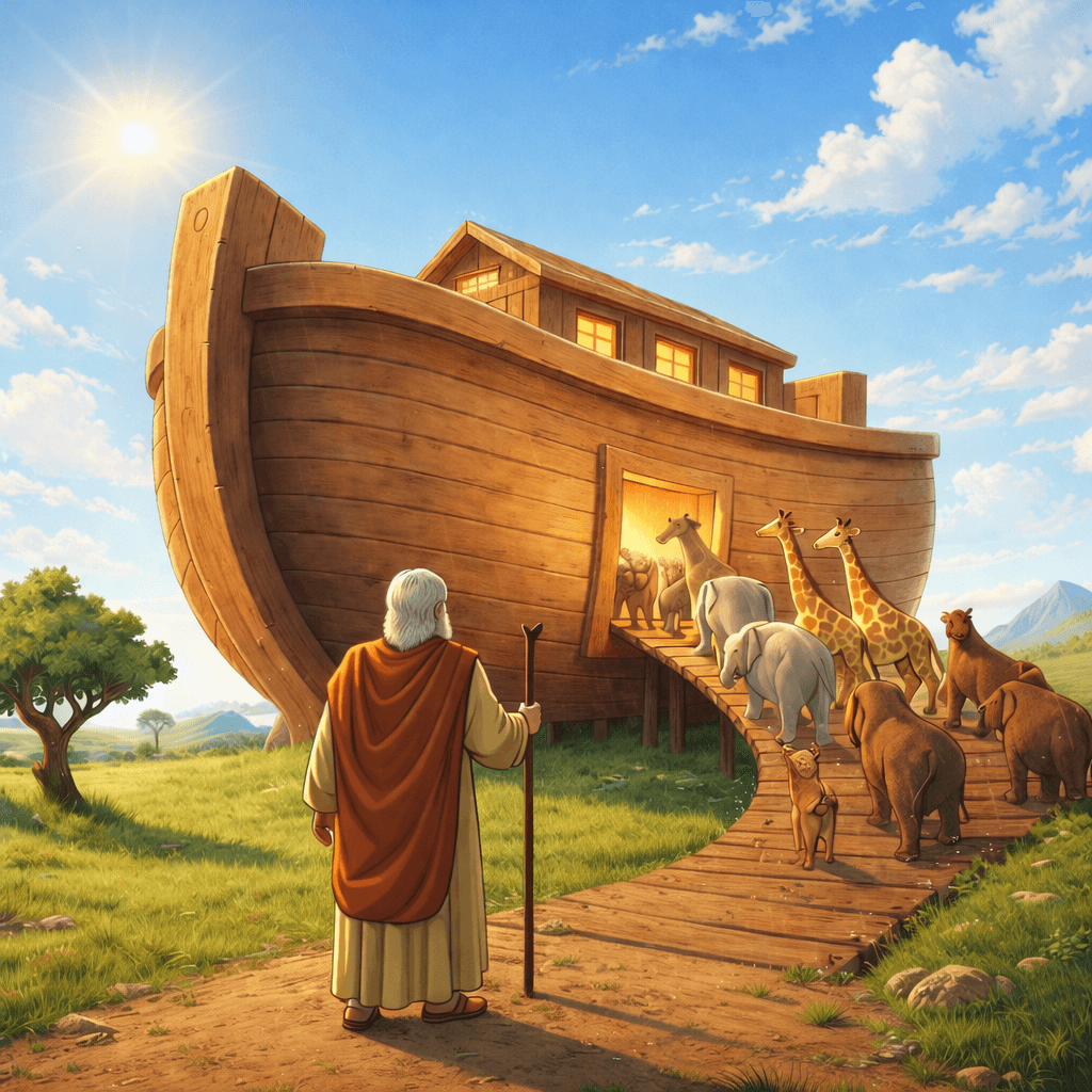 Noah's family enters the ark as the flood begins, following God's instructions.
