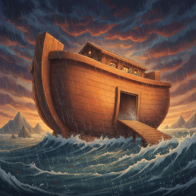 Noah leads pairs of animals into the ark as rain begins to fall, illustrating God's care for all creatures.

