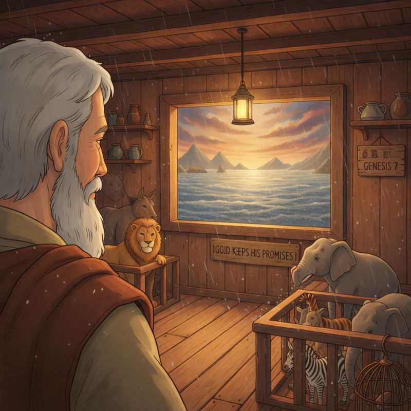 Noah's Ark floats on a vast flood, sheltering animals, under a hopeful rainbow after the storm.
