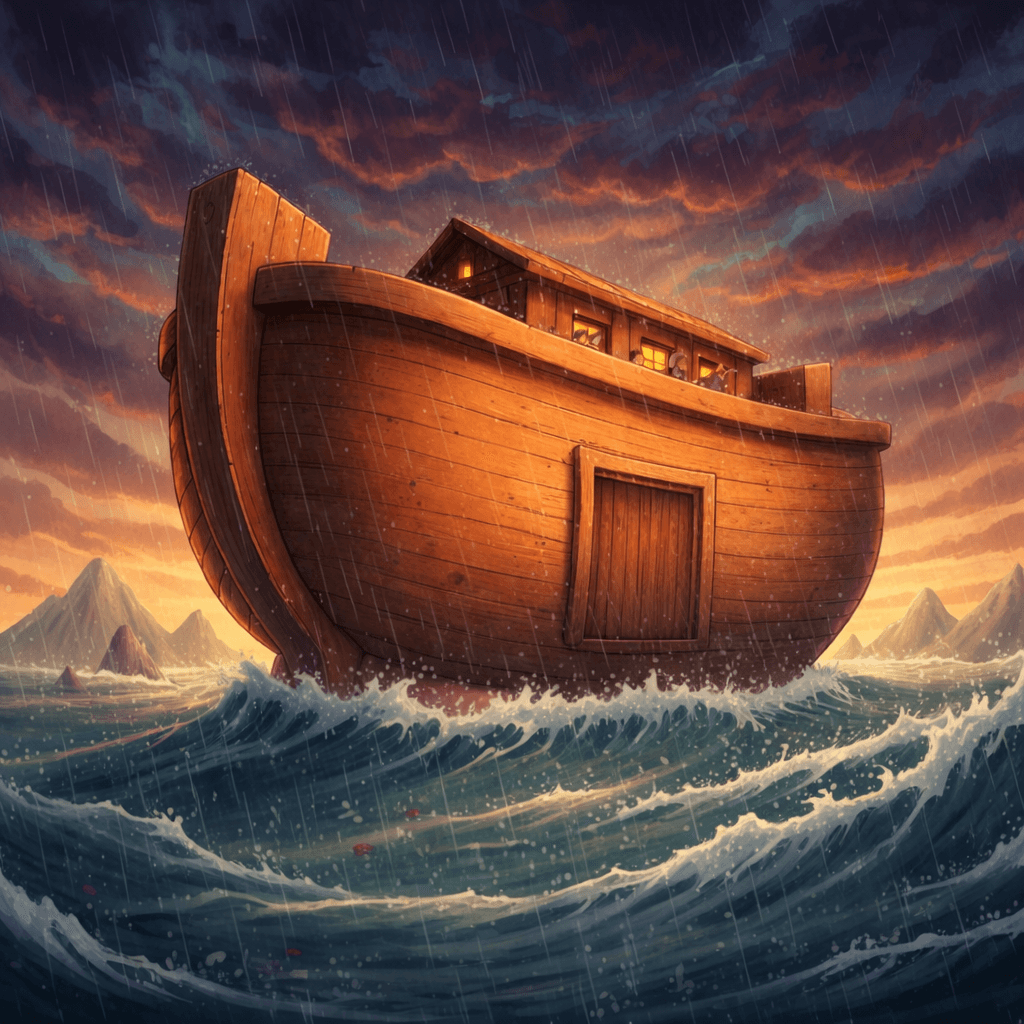 Illustration of Noah's Ark atop receding floodwaters as a dove flies, symbolizing God's remembered promise and the return of life.

