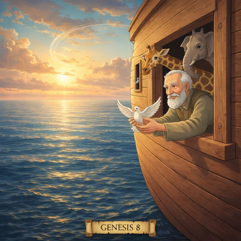 Noah sends a dove from the ark; mountains peek from the receding floodwaters.
