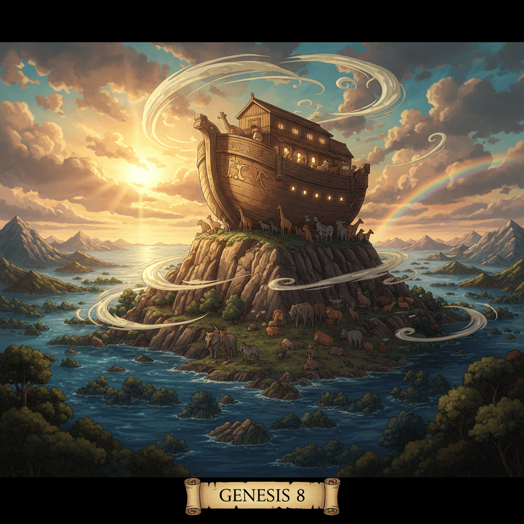 Dove returns to Noah's Ark with an olive branch, signaling the receding floodwaters.
